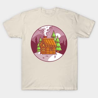 Snow Cabin in Winter Cartoon T-Shirt